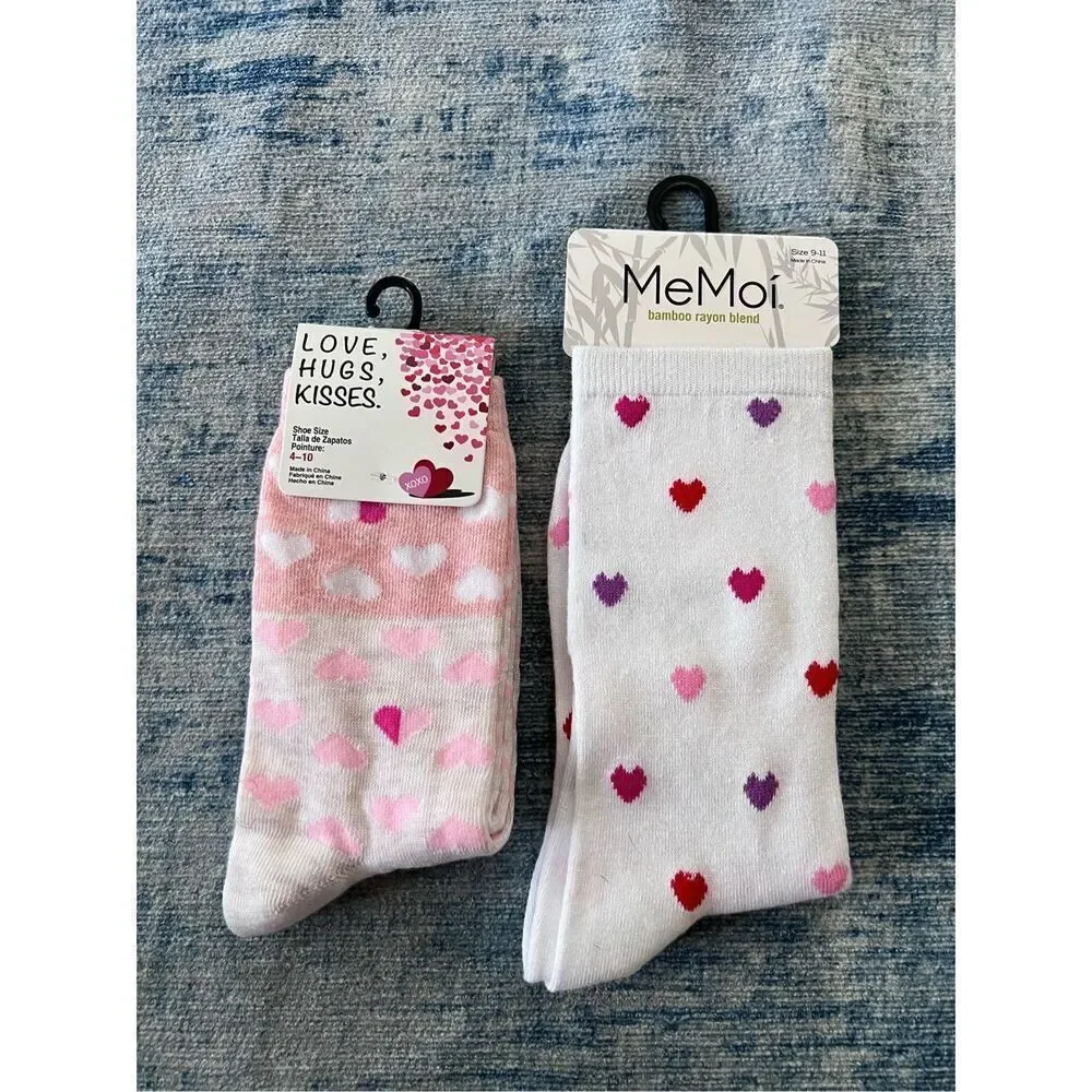 New! Me Moi Love Hugs Kisses Pink White Heart Socks Mini Lot of 2